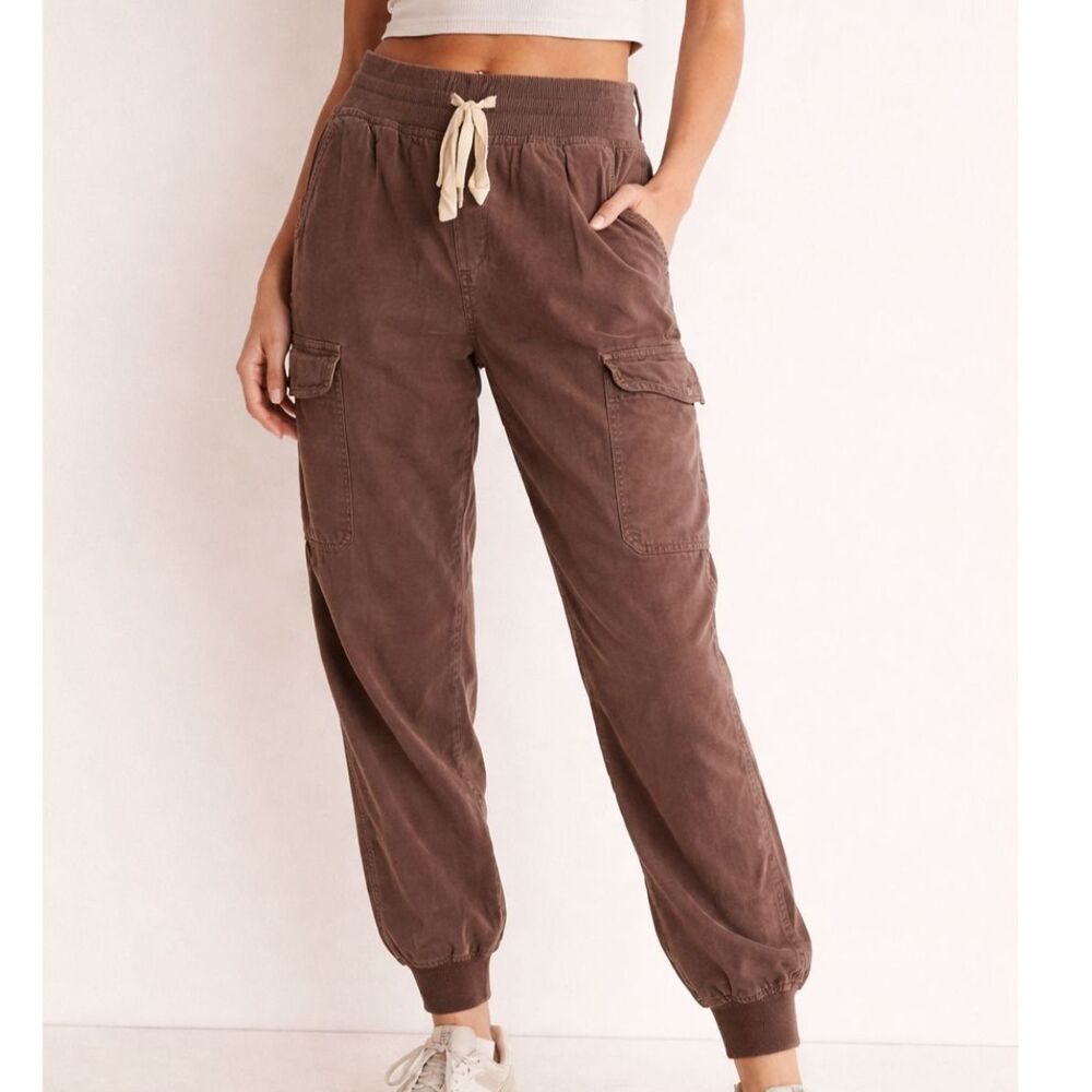 Aerie Brown Lyocell Chambray Cargo Joggers Sise Small